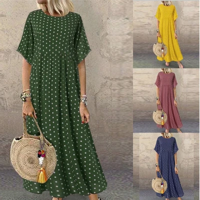 £10.19 • Buy Plus Size Womens Crew Neck Long Maxi Dress Summer Polka Dot Boho Dress Sundress