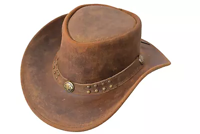 Men's Real Leather Australian Western Cowboy Style Tan Crazy Horse Bush Hat 08 • £14.99