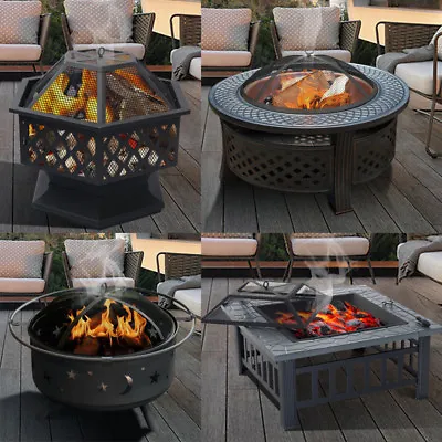 Outdoor Metal Firepit Square Table Patio Round Stove Fire Pit Log Burner W/Poker • £69.95