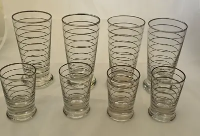 8 Vintage Mid Century Beverage Glasses Silver Band Stripes 2 Sizes 3.5 Oz & 9 Oz • $30