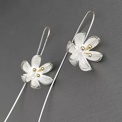 Matte Silver Tone Flower Earrings Gold Tone Accents Long Wires Lotus Pretty 2.5” • $13.95