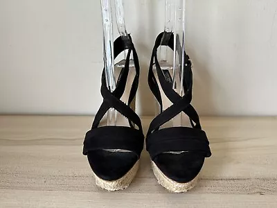 ZARA Basic Womens Sz 38/ 7.5M Black Suede Espardrille Wedge Sandal • £27.77