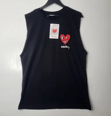 Keith Haring Black Vest Top Mens XL Red Heart Street Art Graffiti BNWT • £17.95