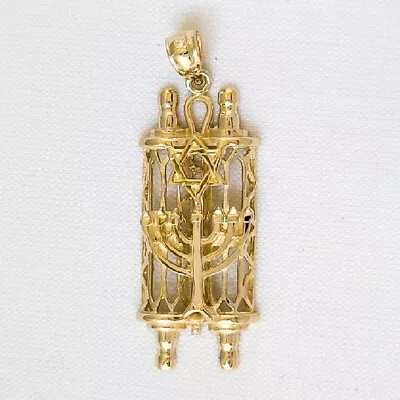 14K Yellow Gold Jewish Mezuzah Torah Scroll With Star Of David & Menorah Pendant • $289.99