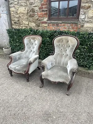 Antique Victorian Pair Of Armchairs Bedroom Fireside Grey Green Library French • £220