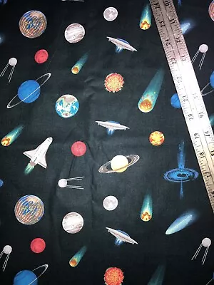 Space Planets UFO’S Shuttle On Black Cotton Fabric 1/2 Yard New • $4.95