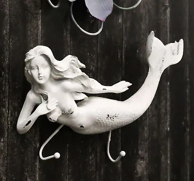 Rustic White Stone Finish Nautical Ocean Siren Mermaid 2 Prong Wall Hook Decor • $27.99