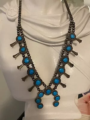 Vintage Sterling Silver Native American  Turquoise Squash Blossom Necklace • $316.01