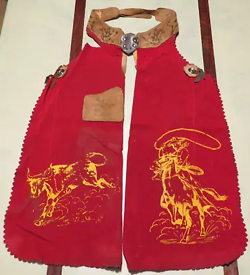 RARE Vintage Red Velvet Children Child Western Cowboy Bull Chaps Conchos Size 12 • $114.85