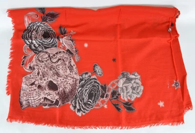 $316.87 • Buy New Alexander McQueen 602830 Red Wool Silk TATTOO SKULL Butterfly Scarf