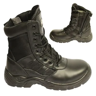 MENS LEATHER SAFETY BOOTS Army Military Police Steel Toe Cap Combat Work Shoes • £36.95