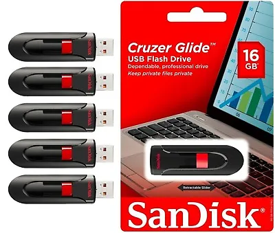 $28.85 • Buy Sandisk Cruzer Glide 16GB USB 2.0 Flash Drive  Memory Stick Wholesale Lot 5 Pack