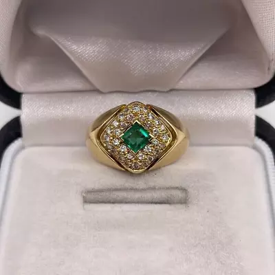 1.46 Carat Natural Green Emerald And Real Diamonds 14K Yellow Gold Men's Ring • $1520.29