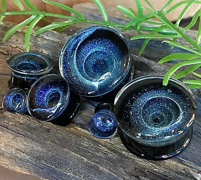$17.95 • Buy PAIR Blue Vortex Swirl Design Pyrex Glass Plugs Gauges Body Jewelry