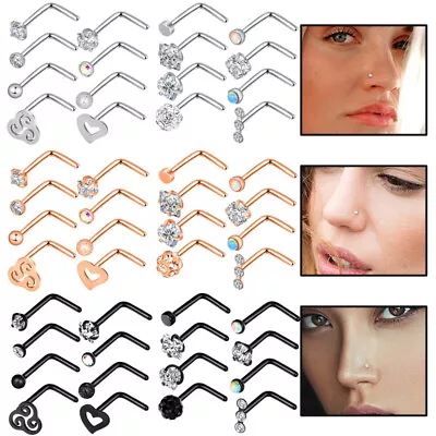 16Pcs Curved Nose Stud Surgical Steel Nose Ring Crystal L Bend Stud Piercing 20G • $6.99