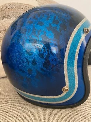 Vintage Metalflake 3/4 Helmet Size S Blue Silver Lace Paint Sparkle Fulmer Like • $175