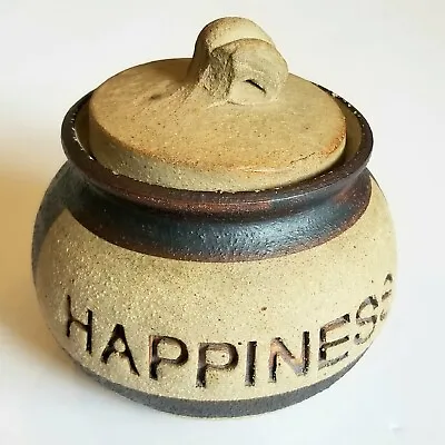 Vintage Pottery Jar HAPPINESS Stoneware Pot Lid Storage Cookie Trinket Hand Made • $16