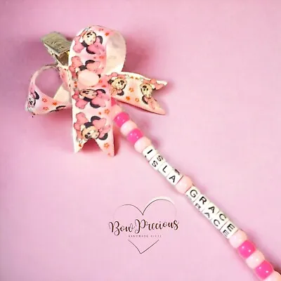 Personalised Minnie Mouse Dummy Clip Chain Metal Pacifier Bow Ribbon Handmade  • £4.29