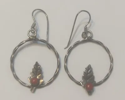 Vintage Navajo Sterling Coral Leaf Dangle Earrings • $24.99