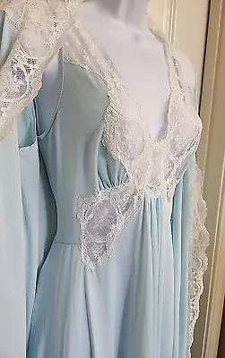 Vtg OLGA Nightgown 9297 & Robe 9702 Peignoir Set Blue Full Sweep S /M Bodysilk • $139.99