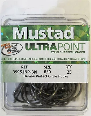 One Pack Of 25 Mustad Tuna Demon Perfect Circle Fish Hooks 39951NP-BN Size 8/0 • $14.95