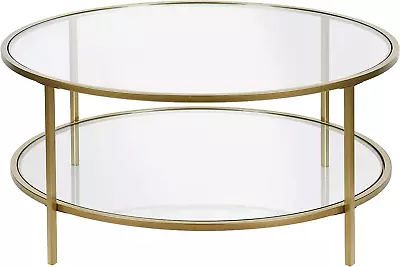 36  Wide Round Coffee Table With Glass Top In Brass Round Coffee Table For Livi • $168.88