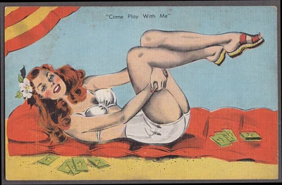 £5.22 • Buy Come Play With Me Redhead In 2-piece Swimsuit On Blanket Joke Postcard 1940s