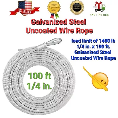 1/4 In. X 100 Ft. Galvanized Steel Uncoated Wire Rope Construction Load 1400 Lb • $55