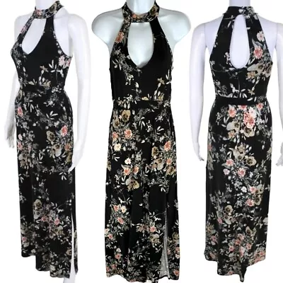 Veronica M Sexy High Neck Black Floral Maxi Dress Size XS Fitted Slit Keyhole • $28.44