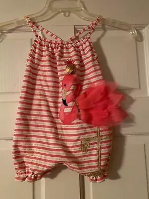 MUDPIE Romper Size 12-18 Months Pink Flamingo Sparkly Striped Sequins • $14.99