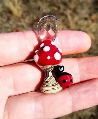 Amanita Mushroom With Ladybug Hand Blown Glass Pendant Focal Bead • $50