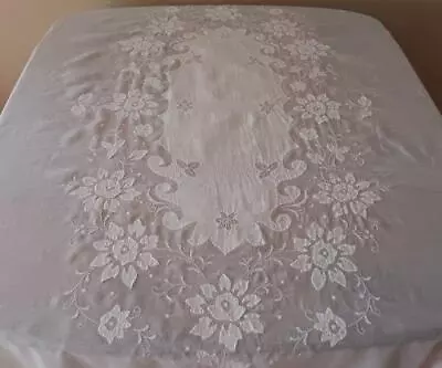 Vintage Madeira Tablecloth White Organdy Linen 81 Applique Embroidered Floral Ov • $34.99