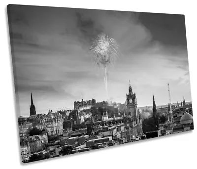 Edinburgh Fireworks City B&W Picture SINGLE CANVAS WALL ART Print • £24.99