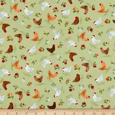 Makower Fabric Good Life Hens Green 100% Cotton Fat Quarter • £2