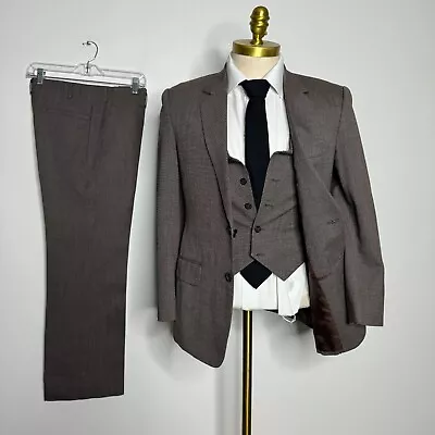 Vtg 3 Piece Double Breast Suit Mens Brown Solid 36R 31W Great Gatsby • $109.99