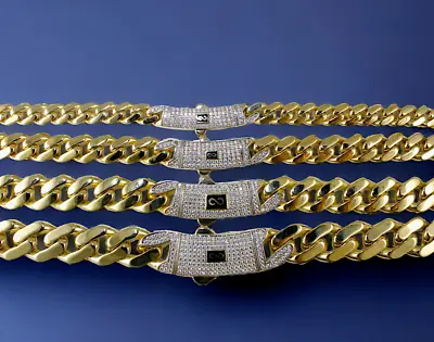 10K Yellow Gold 6mm-13mm Monaco Miami Cuban Link Chain Necklace CZ Pave • $1505