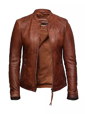 Women Wear Classic Real Leather Biker Handmade Waxed Vintage Olive Tan Jacket • £97.13