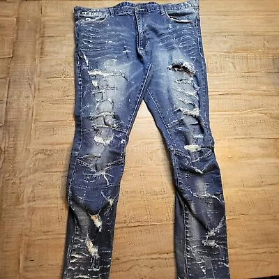 Smoke Rise Jeans Mens 42x32 Blue Skinny Light Wash Distressed Denim Pants • $39.95