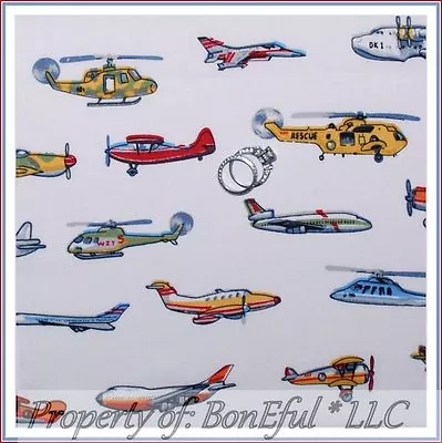 BonEful Fabric FQ Cotton Quilt VTG Toy Military Airplane Blue Boy Jet Helicopter • $7.18