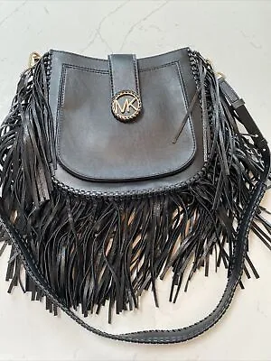 Michael Kors Lillie Black Leather Fringe Medium Hobo Messenger • $200