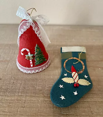 Vintage Flocked Bell And Stocking Christmas Ornaments Set • $14