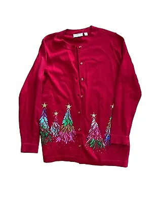 QUACKER FACTORY Jeanne Bice Red Cardigan Sweater Colorful Christmas Trees Size 8 • $17.96