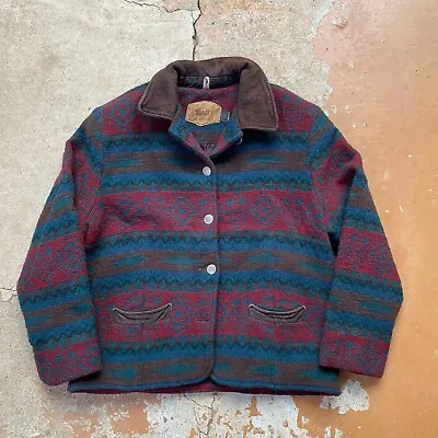 Vintage 90s Woolrich Woven Blanket Aztec Navajo Pattern Coat Size L USA Made • £57.94