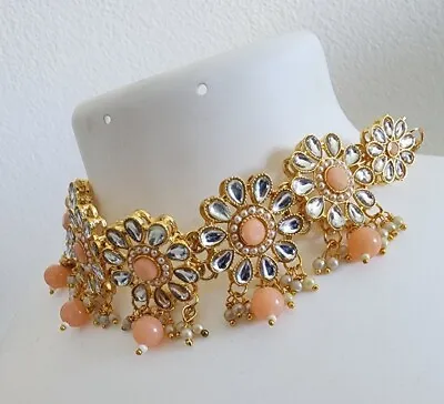 Indian Bollywood Gold Peach Kundan Choker Earrings Tikka Bridal Haldi Jewellery • $39.50