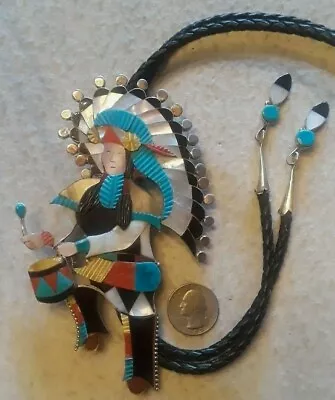 Zuni JONATHAN BEYUKA Kachina DRUMMER Dancer Bolo On Stand Sterling GIGANTIC 6  • $785