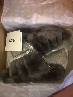 UGG FLUFF YEAH SLIDES W/1095119 CHARCOAL SHOES SLIPPER - New W/ Box SIZE 7 • $60