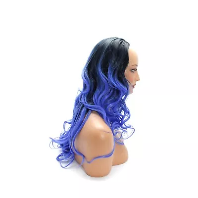 Ladies 3/4 Half Wig Black / Blue Ombre Wavy 22in Heat Resistant Synthetic Hair • £9.99