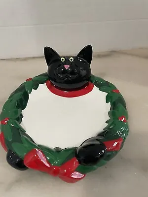 VTG Department Dept 56 7” Black Cat Christmas Wreath Candy Dish Display • $15