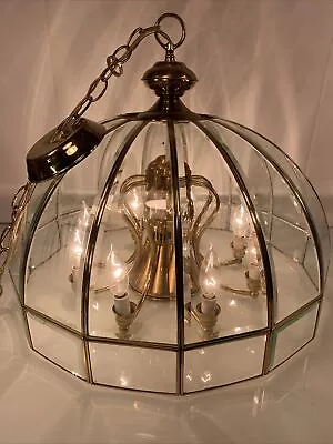 Vintage Large Brass Beveled Glass Foyer Chandelier Light Hanging Lamp Mcm 22” • $175