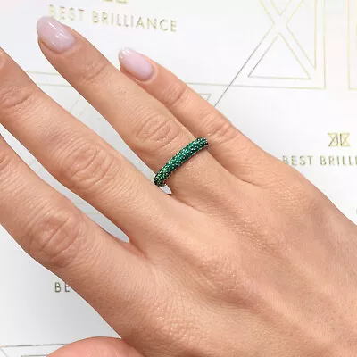 14K White Gold 1.25 Carat Round Green Emerald Micro Pave Eternity Wedding Band • $1425